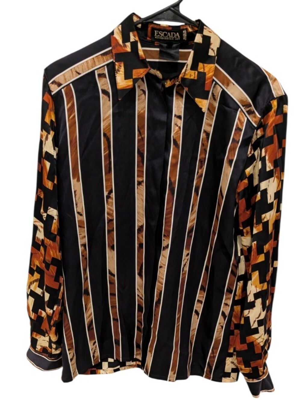 Vintage Escada Margaretha Ley Abstract Geometric Print Silk Blouse Germany Large
